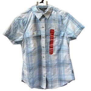 Eddie Bauer Adventure Women Button Shirt Short Sleeve Blue Plaid XS New